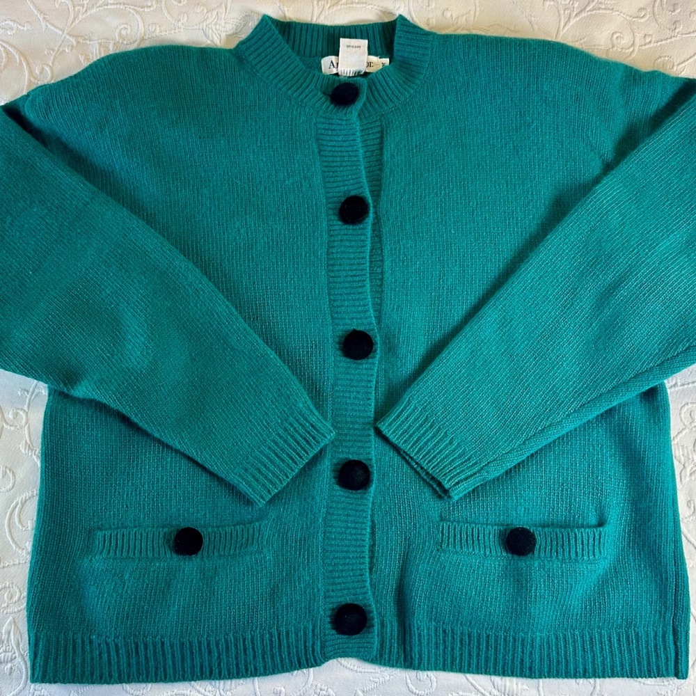Vintage 80s Ann‎ Taylor Angora Lambswool Blend Teal Green Cardigan Size Medium